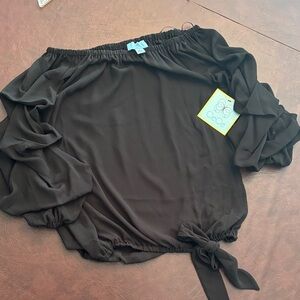 CeCe Black Off-Shoulder Top with Ruffle Sleeves